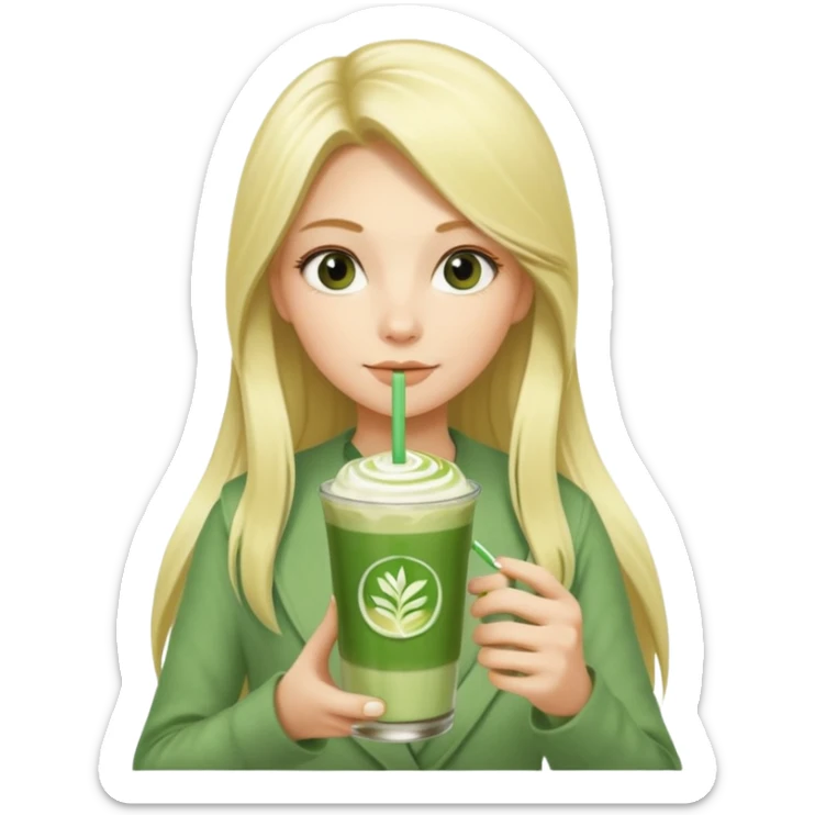 blonde luxury long hair girl with 1 drink of matcha latte and two straws sticker