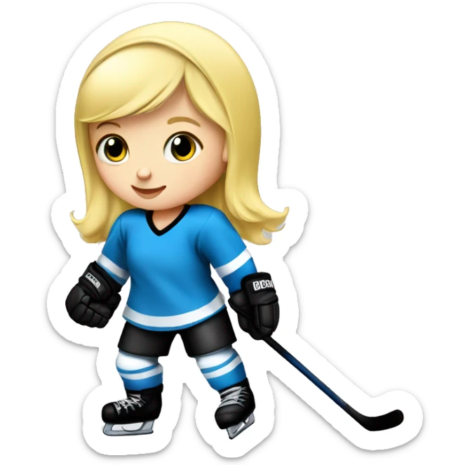 Baby girl with blond hair and blue eye, she has a helmet on her head she is playing ice hockey in black and white and yellow dress  sticker