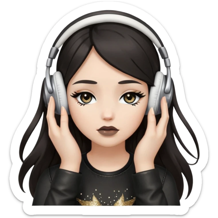 Girl with long dark hair, fair skin tone, wearing a black leather top, has glitter on her eyelids, and taupe lipstick, wearing white headphones, her hands are on her ears, and her eyes are looking down sticker