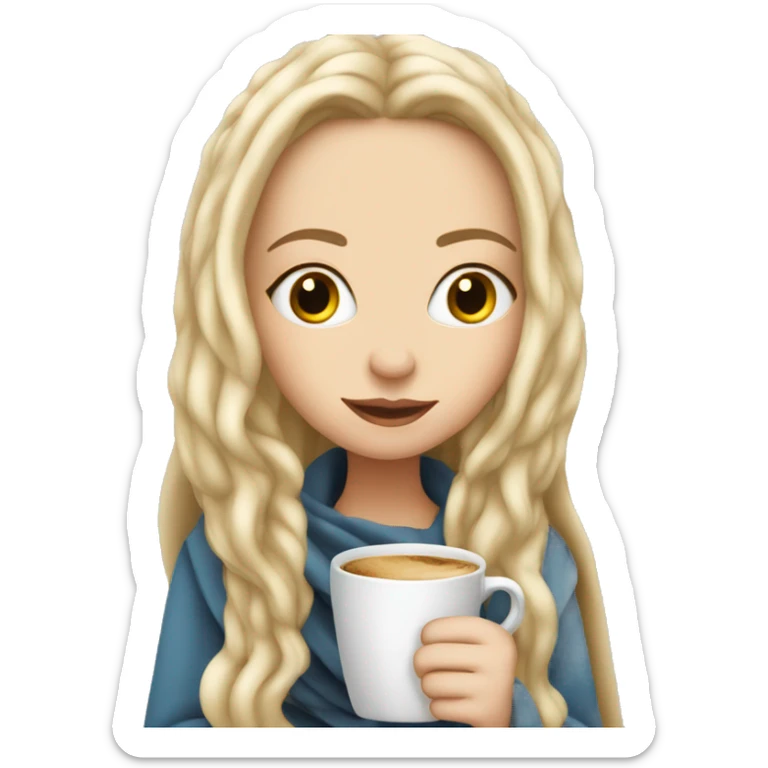 A pretty white girl with very long blond hair in a blanket sipping coffee sticker