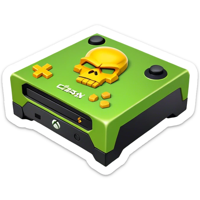 Clash of Clans aesthetic: Cinematic Playful Xbox One Console Portrait Emoji, rendered in a 3D vector-style similar to standard emojis with minimal shading and bold, simplified shapes. A compact, distinct form with signature details, softly glowing with a modern gaming energy charm. Simplified yet unmistakably iconic, highly detailed and consistent, glowing with a soft radiance and high shine. Stylized with a touch of next-gen innovation and a soft glowing outline, capturing the essence of a beloved gaming relic with a friendly, playful manner! sticker
