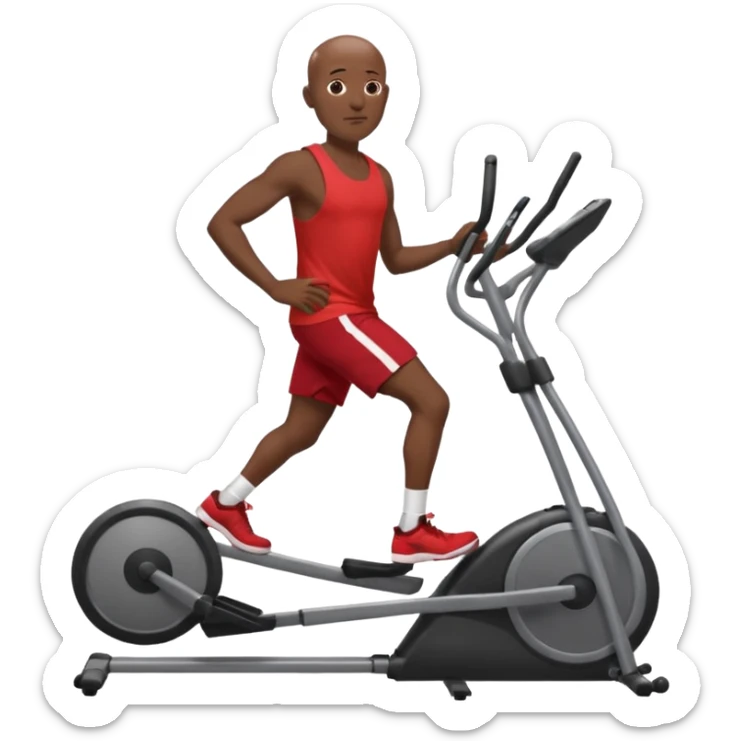 dark skin bald African American man on elliptical machine with red tank shirt and black shorts sticker