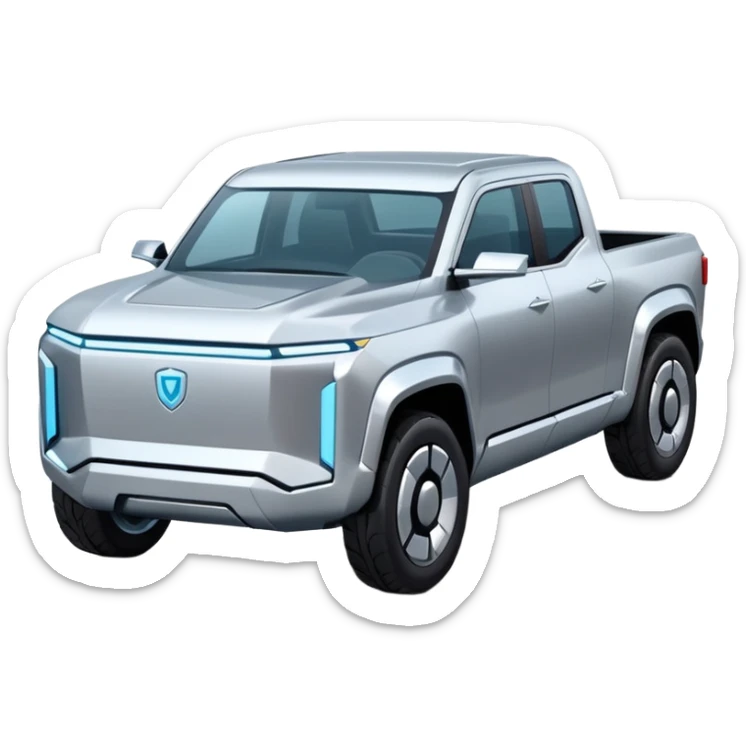 A futuristic electric pickup truck emoji, silver chrome body, angular cyber design, smooth metallic panels, subtle reflections, minimalistic proportions, iOS emoji style, centered composition, clean white background, soft lighting sticker