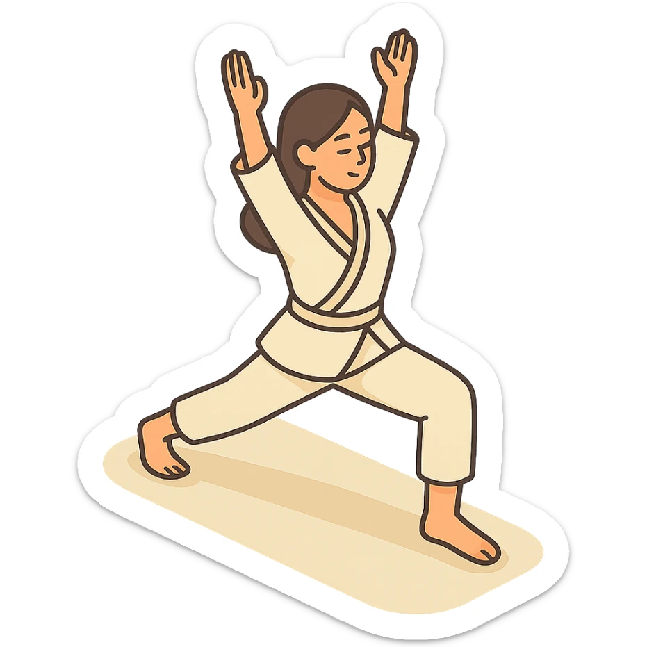 Edit the reference image of the girl to depict her in the warrior yoga pose, preserving her appearance and clothing, in a 2D isometric style with a white background, 512x512px. sticker