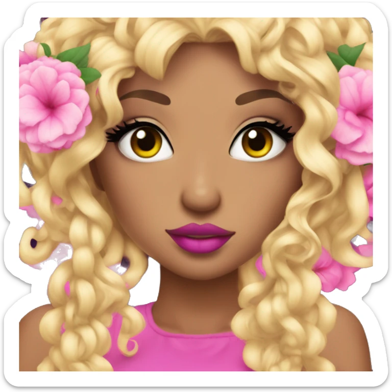 Gyaru girl with dramatic under lashes, flower in hair, bold pink lipstick, and curly blonde hair sticker