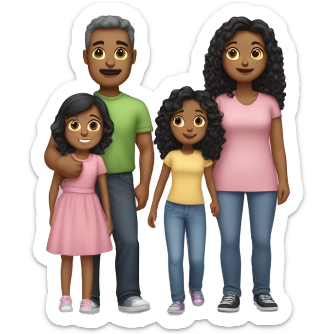 Family: one dad with dark hair , one mom with dark hair, sister with light brown curly hair, sister with black curly hair, sister with black straight hair, sister with light straight hair  sticker