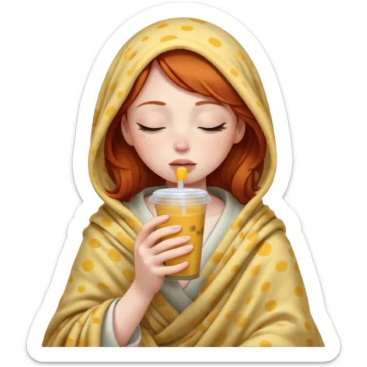 dark ginger haired girl with pale skin, wrapped in a blanket, sipping boba, eyes closed sticker