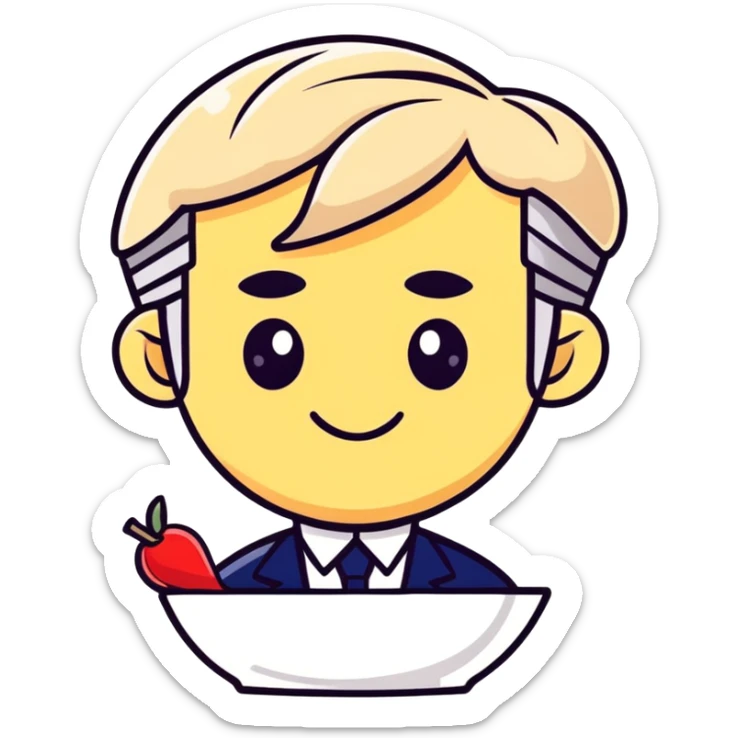 playful sticker emoji of a flan dessert with facial features and hairstyle of François Fillon, cute humorous cartoon style sticker
