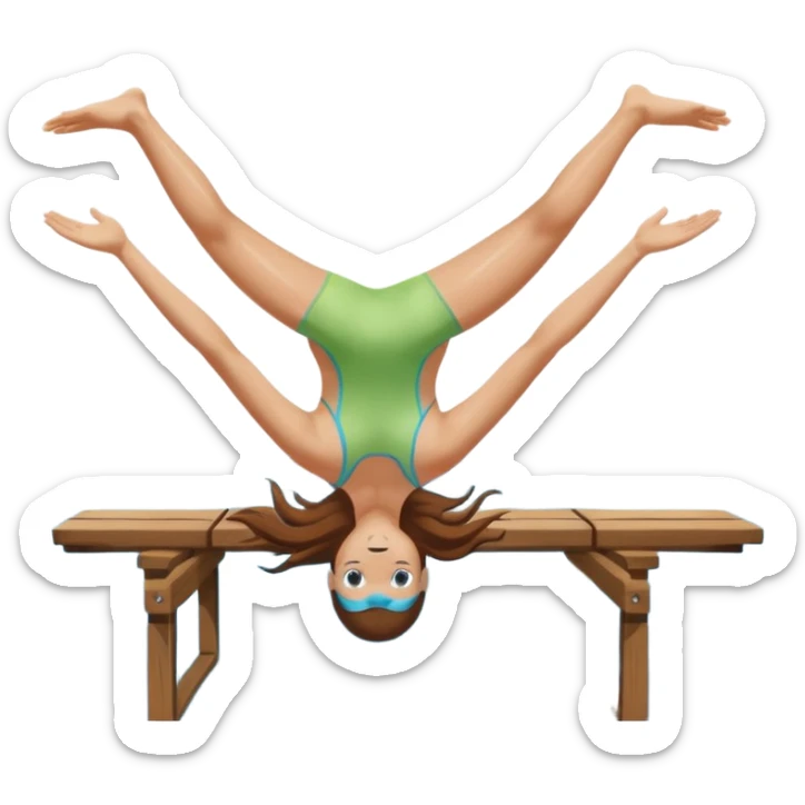 A swimmer is about to dive into the pool. She is in the pose of diving in the air with the hands above the head. Her hair are brown and long. she jumps from a plank sticker