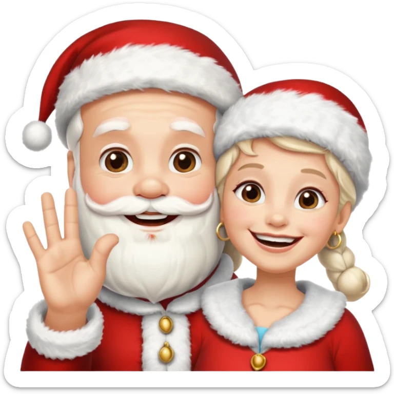 SANTA Y MAMA CLAUSE SONRIENDO CON ORTODONCIA EN DIENTES Y MANO SALUDANDO sticker