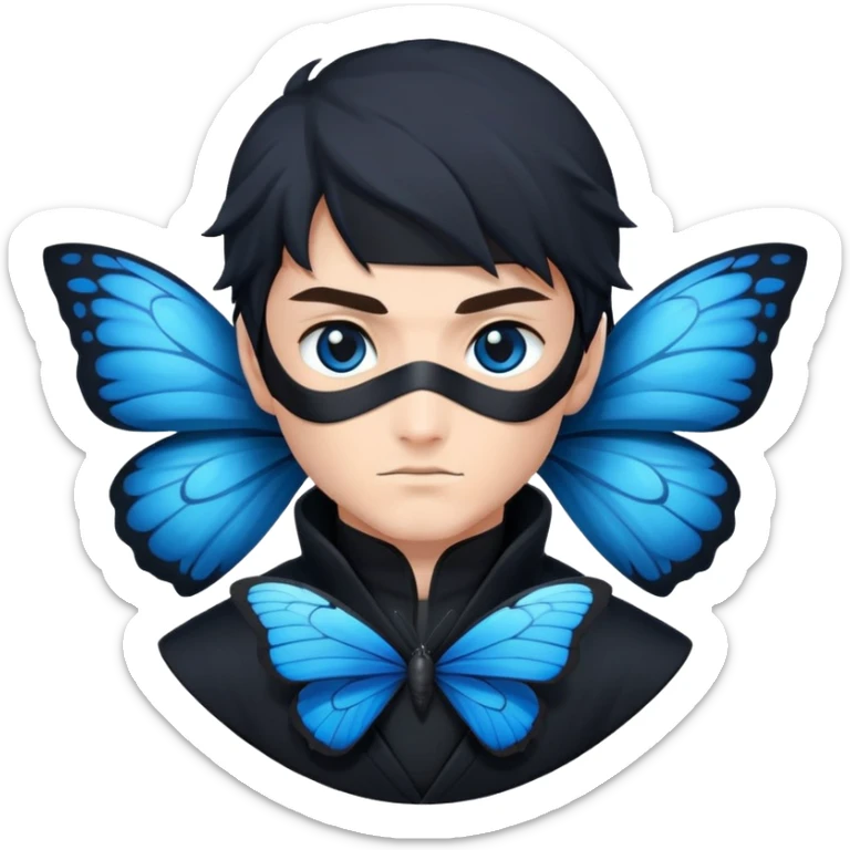 Emoji para usar en WhatsApp con estos dos emoji 🥷🏻 🦋.
Ninja vestido de negro con los ojos negros y con la piel blanca y una mariposa azul posada en su hombro izquierdo como si la mariposa estuviera volando en el hombro. sticker