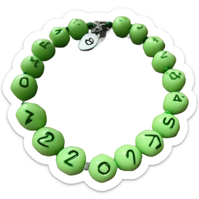 green pistachio colored bracelet that is made  up of beads that says 27 years old sticker
