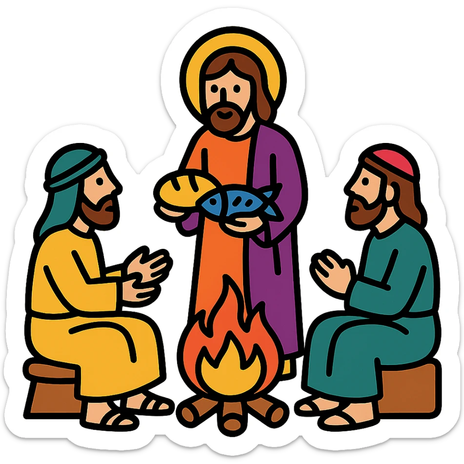 Jésus servant du pain et des poissons grillés à ses amis autour d’un feu, Jean 21, style icône moderne, couleurs lumineuses sticker