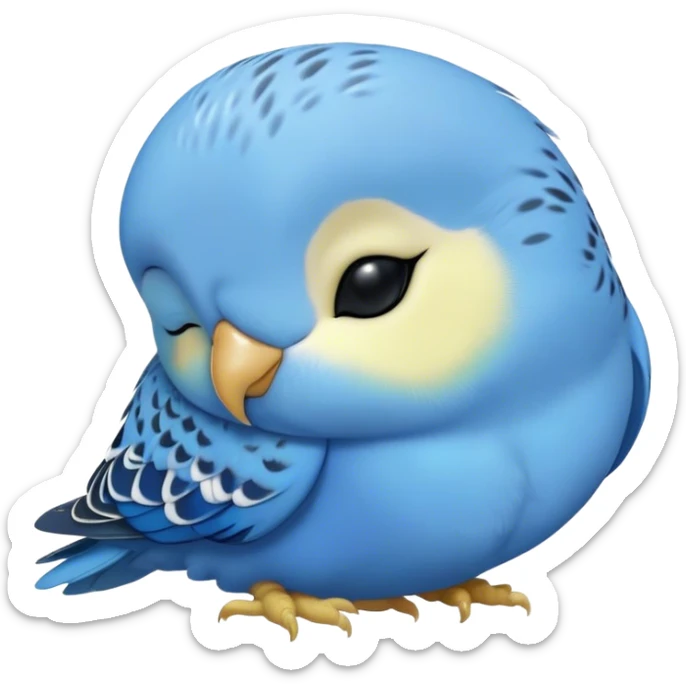 Meme-Worthy Cute Sleeping Blue Budgie Portrait Emoji, Head resting peacefully with a contented smile, showcasing a petite, delicate build and a luxuriously soft blue feathered fur, eyes shut in a serene nap, Simplified yet hilariously adorable features, highly detailed, glowing with a soft, drowsy light, high shine, relaxed and utterly lovable, stylized with an air of playful laziness, bright and heartwarming, soft glowing outline, capturing the essence of a comically sleepy budgie, so meme-worthy it feels like it could instantly become the next viral sensation of adorable slumber! sticker