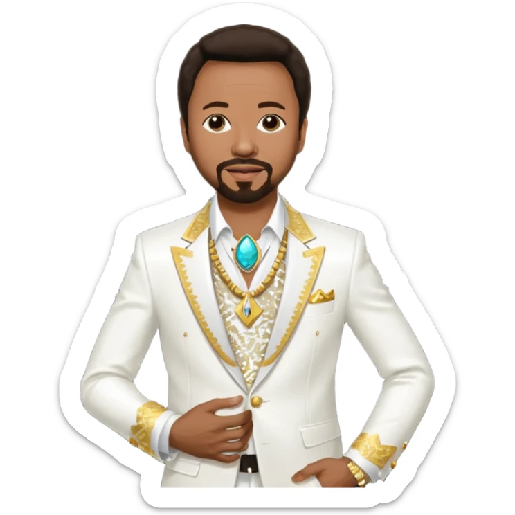 Maurice White from Earth Wind and Fire with dark brown hair, white sequin suit jacket, shirtless with necklace  sticker