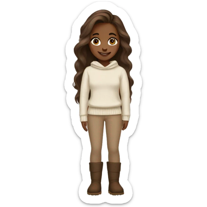 Girl with long lashes and long brown hair wearing a creamy sweater and light brown pants with brown uggs sticker