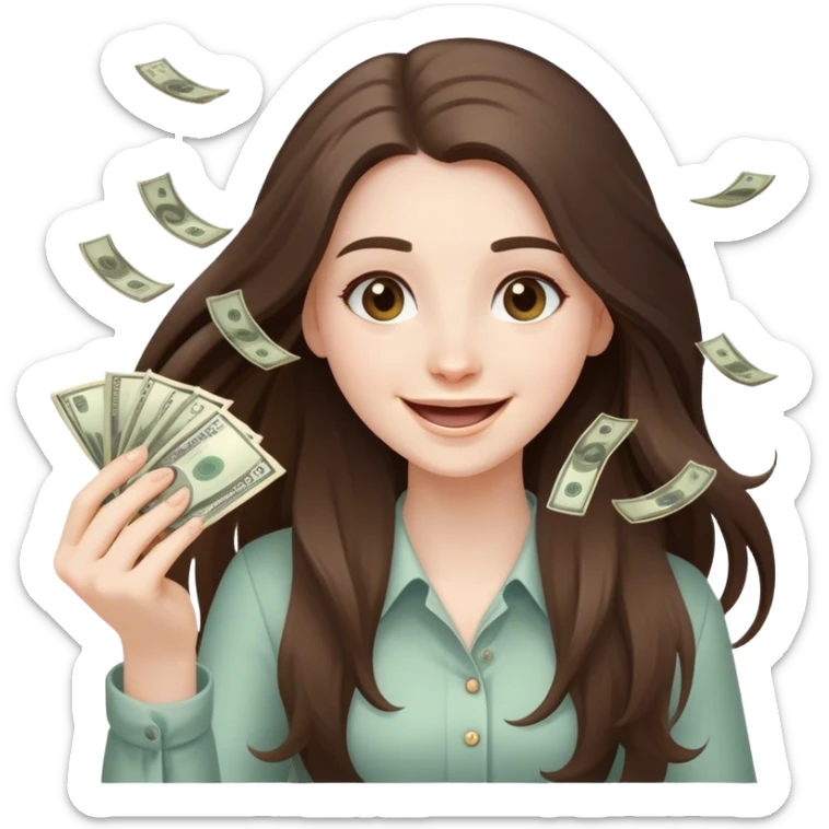 happy beautiful pale brunette girl with long hair throwing money sticker