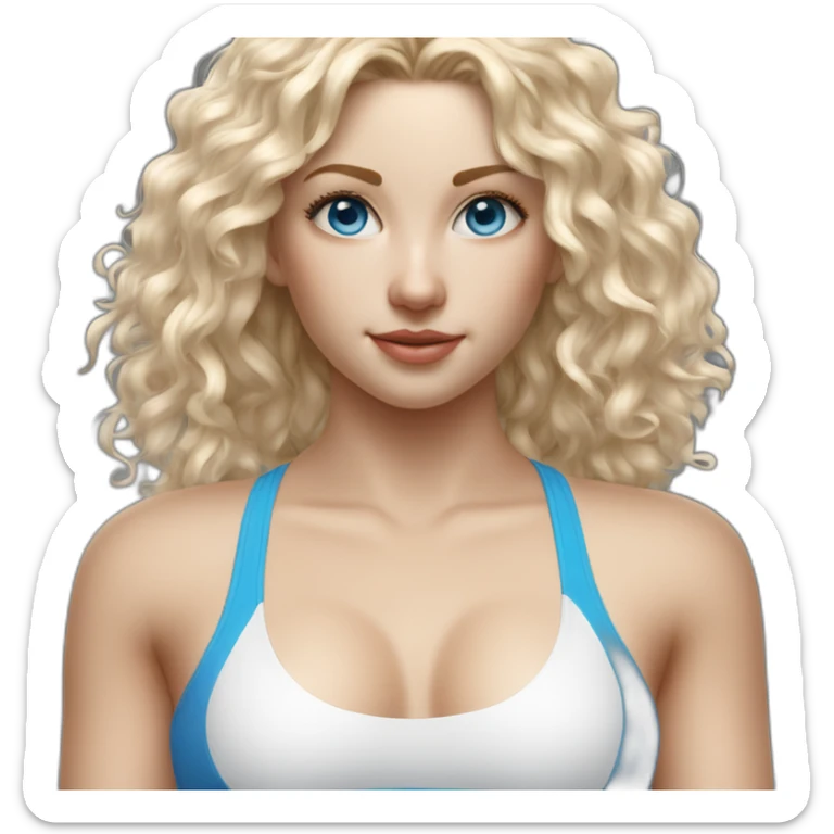 hyperrealist-white-long-curly-blonde-hair-blue-eyes-girl-with-white-sports-bra-tight-swim suit and-sneakers-facing-towards-camera sticker