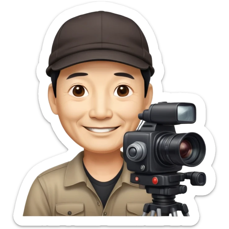 Chinese smiling 50years old male film producer with black eyes and wrinkles on the face  in dark shirt with dark cap and professional camera sticker