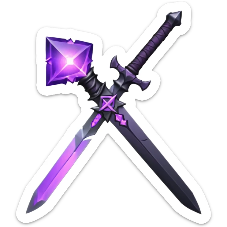 A Discord emoji of a sharpened obsidian blade with a glowing purple rune on the hilt. High-end fantasy style, sleek, metallic black, white background. sticker