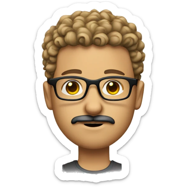 young caucasian curly high fade hair goatee, glasses and mustache sticker