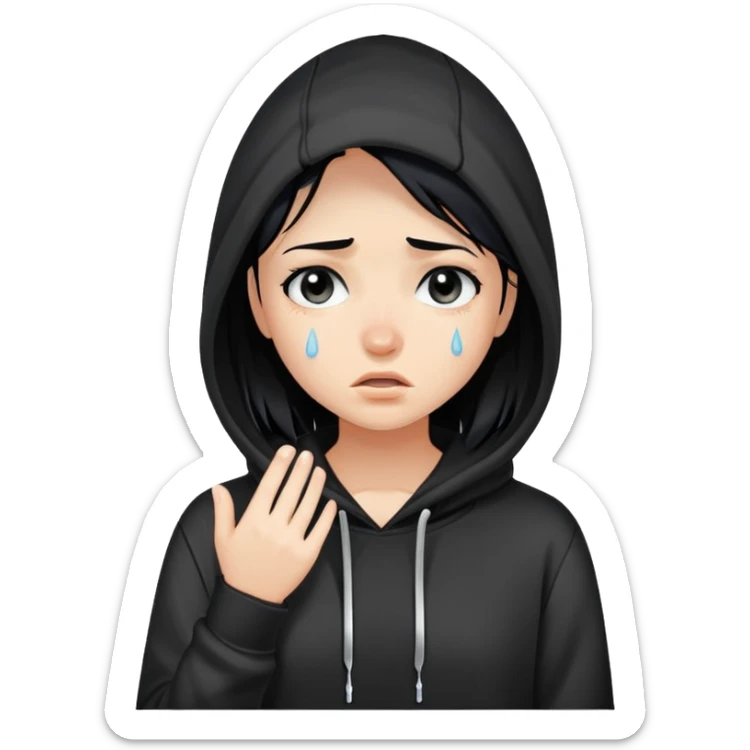 girl with black hair in black hoodie with tears streaming down her face sticker