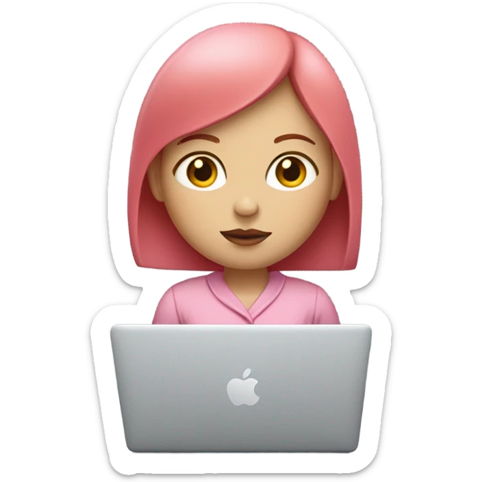 Very pretty girl with straight short red hair, white skin, big pinky lips, big eyes, calm face, in pink clothes works on macbook sticker