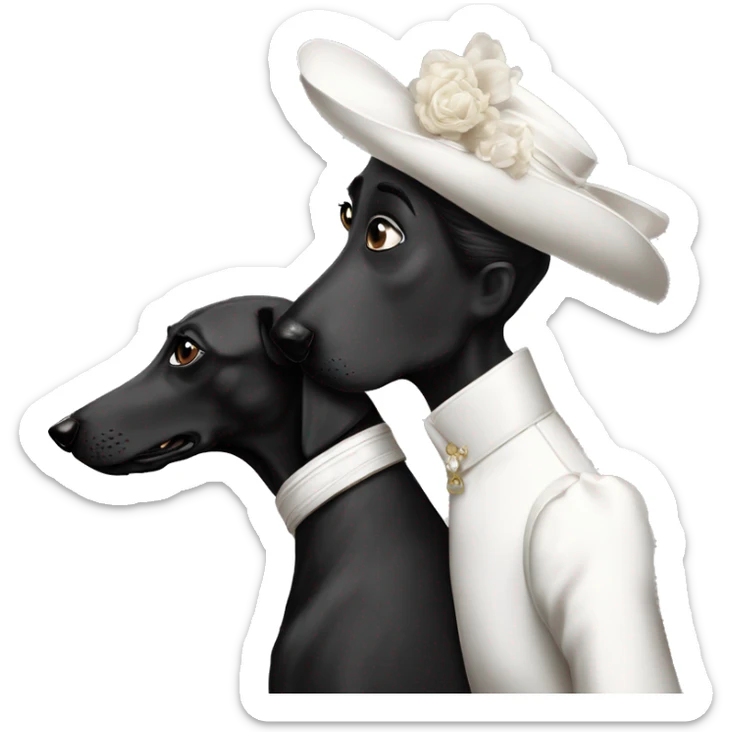 Two aristocrat dog black and white galgo kiss with women  sticker