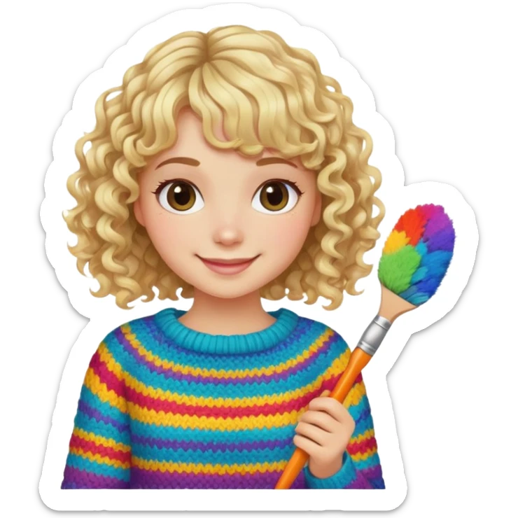 smiling model girl with curly blonde hair and bangs with brushes and colourful  knitted sweater sticker