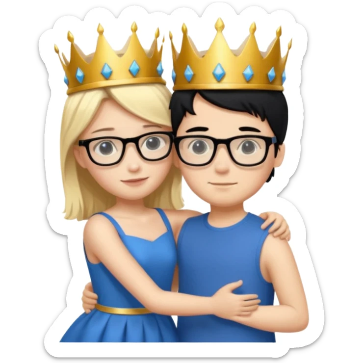 Boy in purple with black glasses and back hair hugging a blonde girl with a blue dress and gold crown sticker