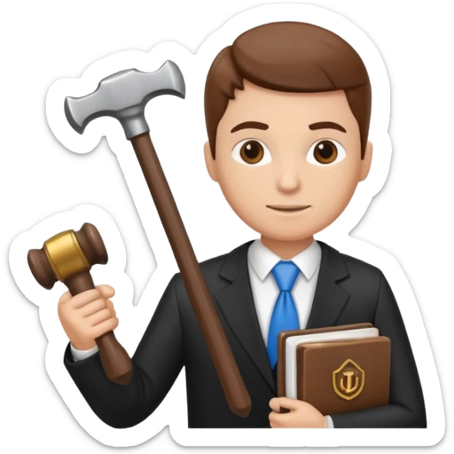 Create an emoji symbolizing the legal support of the business and financial assistance from accountants. The image should combine the image of a lawyer with a hammer of justice and an accounting book next to the logo of a reliable company protecting the interests of business. sticker