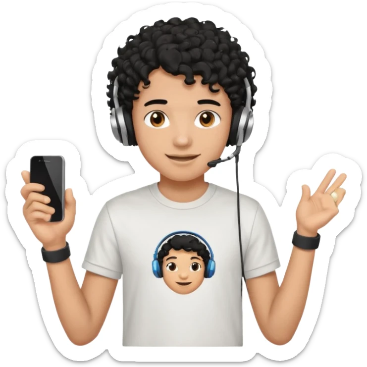 emoji of a teenage boy, curly black hair, wearing a t-shirt and headphones, cheerful look sticker