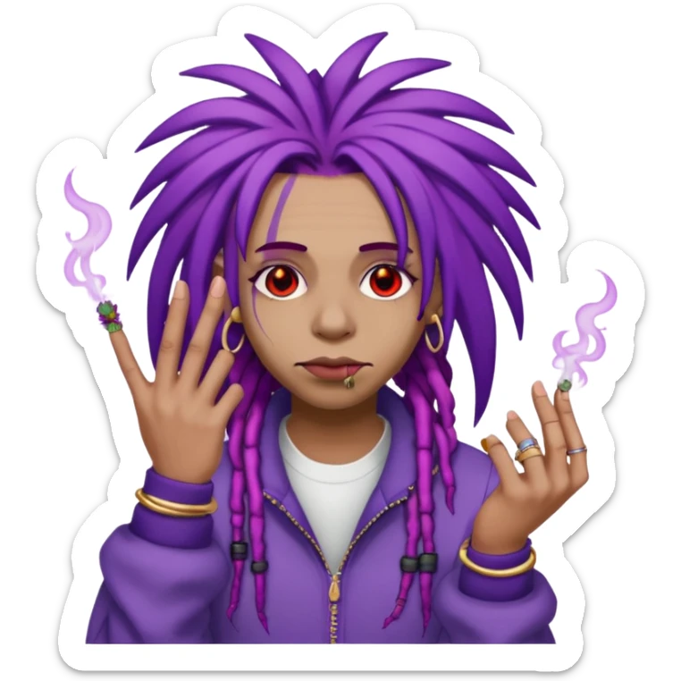 A purple weed smoking emoji with purple dreads, red eyes, hands full of rings, and wearing airforce1 shoes  sticker
