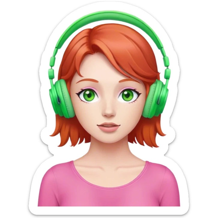 Red head with green eyes listening to music on pink wireless headphones  sticker