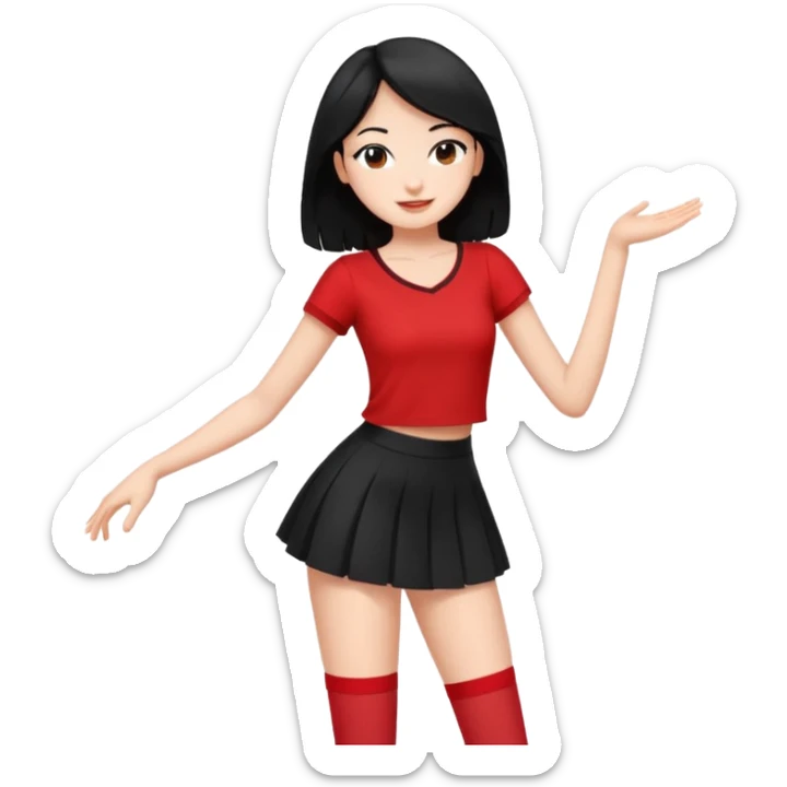 Chicas esbelta con falda corta negra y top rojo,pelo semi largo negro y lacio  super feliz,pero bailando sticker
