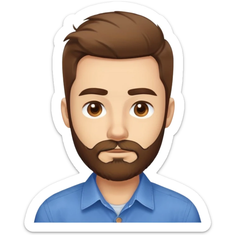 Head portrait of Puerto Rican actor René Monclova. Round face, wide jaw, light complexion. Expressive brown eyes, thick eyebrows. Short brown hair. Unkempt beard, medium length and brown. Friendly expression. Wearing a blue button-up shirt. sticker