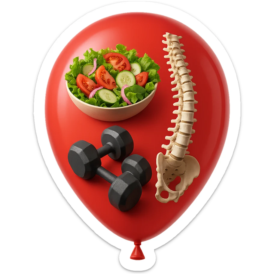 palloncino rosso con all'interno insalata, manubri da palestra e una spina dorsale anatomica realistica in 3d, isolato su sfondo bianco sticker