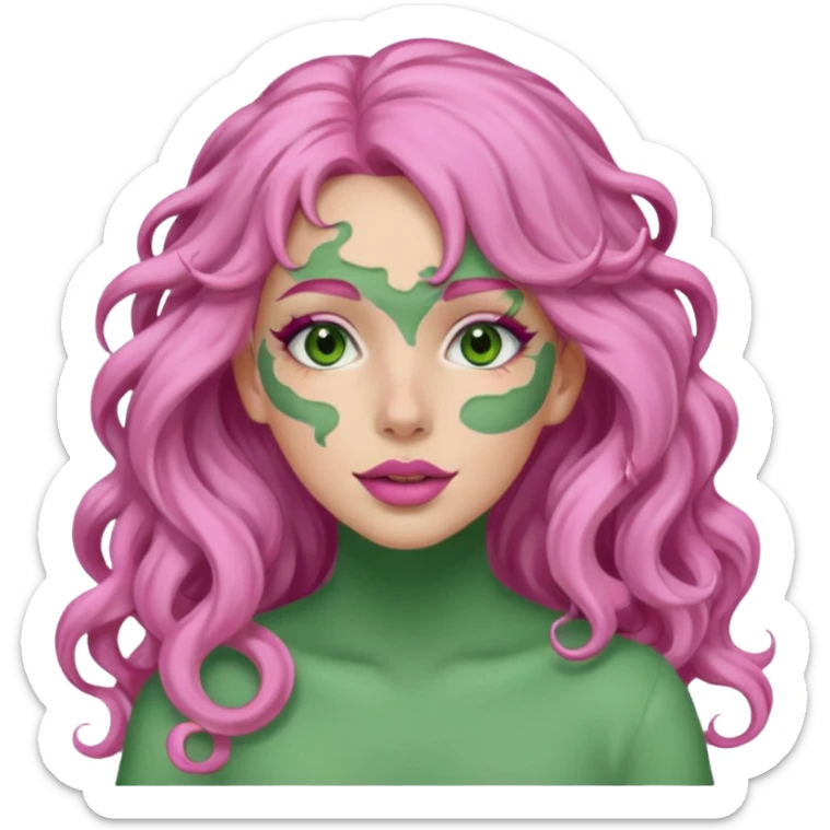 pink haired very long curly haired woman with full full face green clay mask sticker