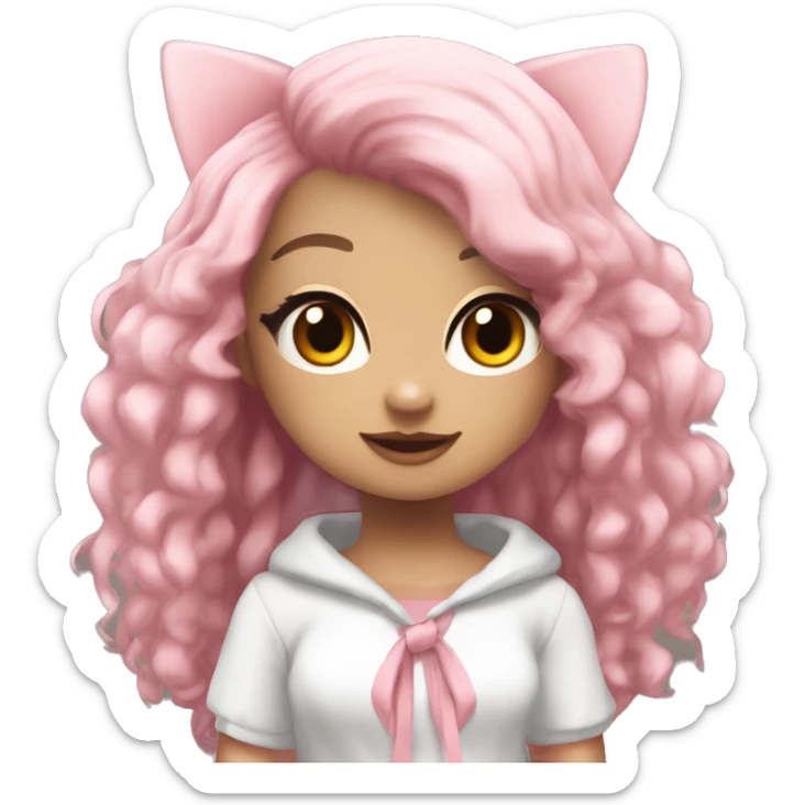 make a girl Roblox character add Preppy front tied top add white skirt blush add Pink Layered Kawaii Hair w/ Fluffy Kitty Beanie add Animated emoji Face drawing only face and all emotion  sticker