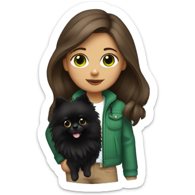 girl with brown long hair, green eyes, rad jacket holding a black Pomeranian spitz dog sticker