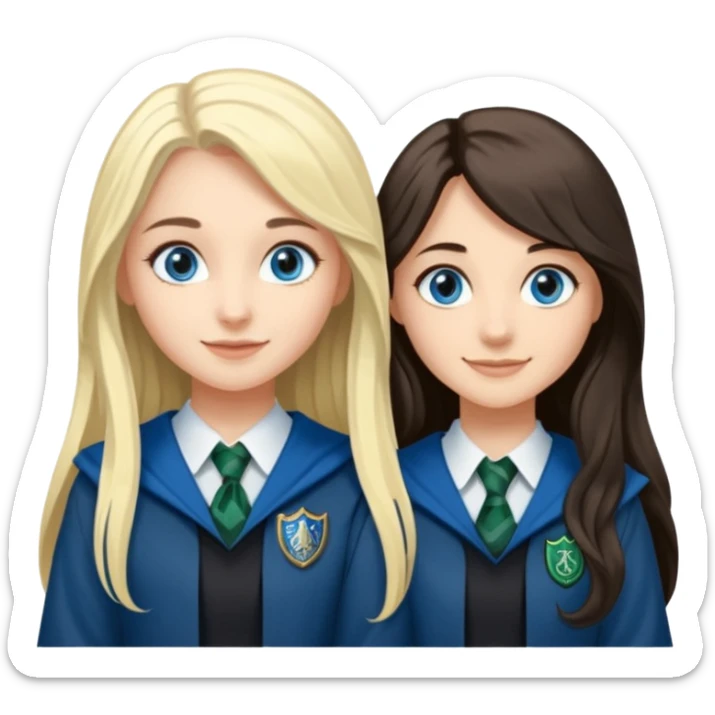 a pretty ravenclaw girl with long dark brown hair and blue eyes standing with a pretty Slytherin girl with long blonde hair, blue eyes sticker