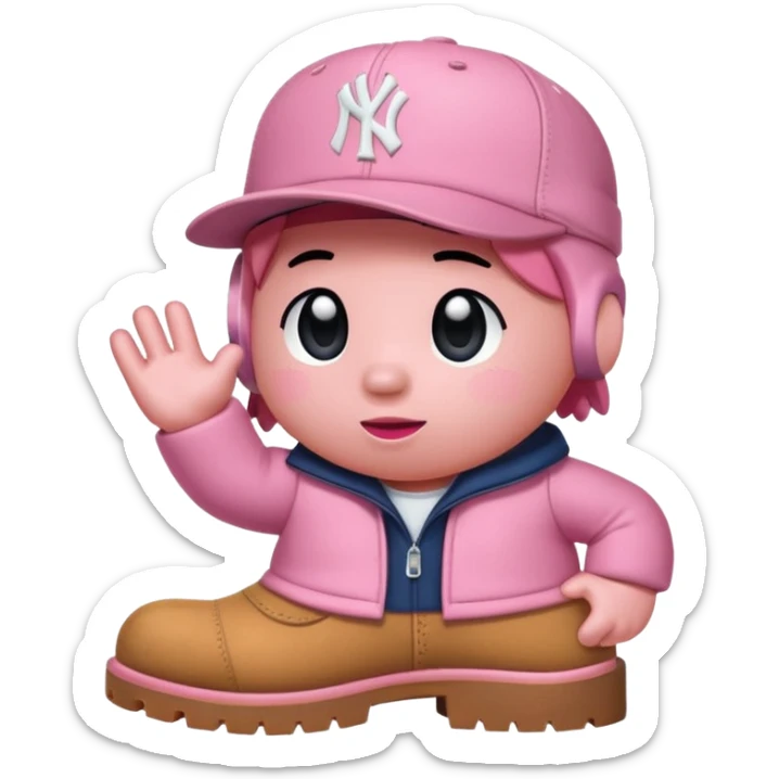 Kirby the cartoon character with timberland boots and a new york Yankee cap sticker