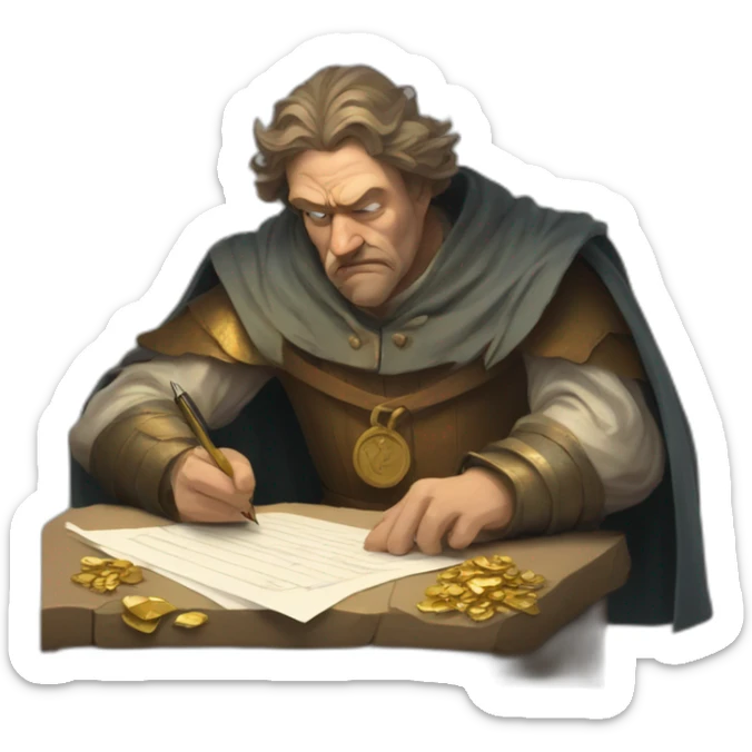 middle ages taxman, angry, writing on a paper, pile of gold sticker