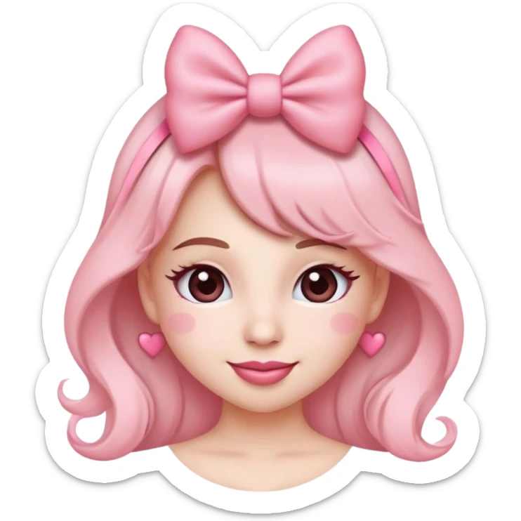 Ultimate coquette emoji with big pink bow, rosy cheeks, batting eyelashes, sweet smile, heart accents, ultra feminine, dainty, soft pink color palette sticker
