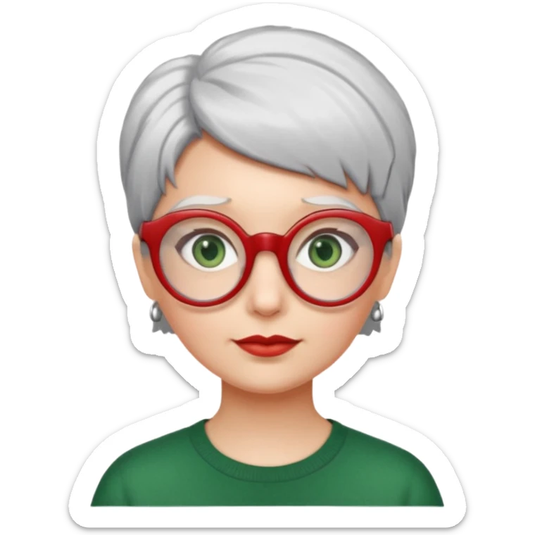 visage femme a lunettes pas épaisse ronde rouge avec cheveux courts gris-blancs aux yeux verts sticker