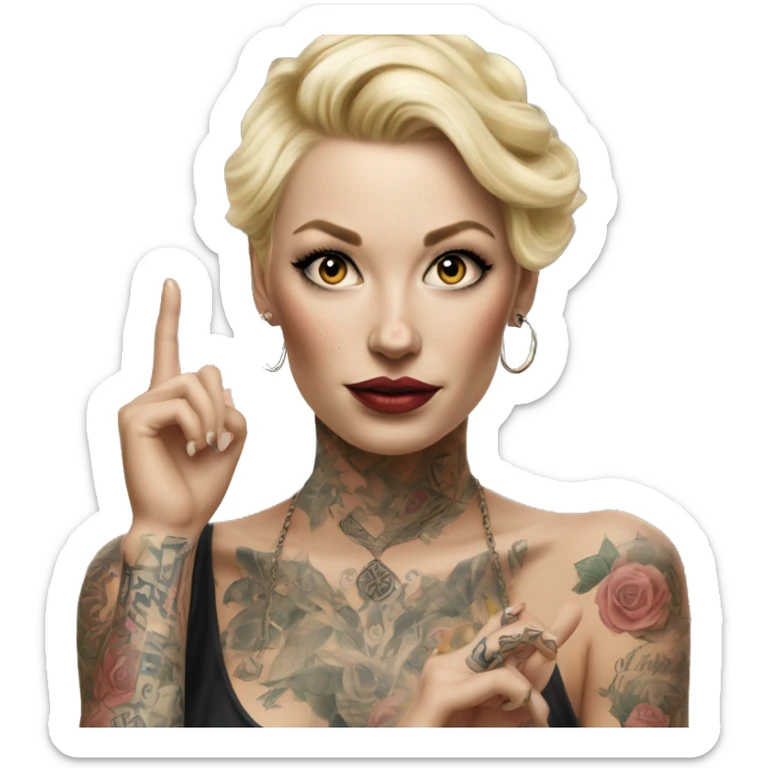 Blonde elegant women, her Body Covered with Tattoos, POINTING YOU with her HAND , Hyper realistic sticker