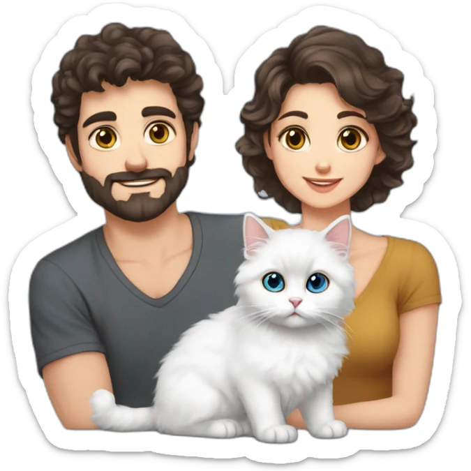 Family with dad brown eyes short dark hair, mother blue eyes curly brown hair, baby older 5 months, one Persian cat sticker