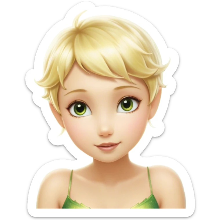 Cinematic Realistic Blonde Tinker Bell Fairy Portrait, depicted with lifelike, delicate skin glowing with a subtle radiant aura, soft natural lighting accentuating her gentle features, and intricately detailed golden blonde hair styled in a whimsical pixie cut. Her iridescent, translucent wings shimmer with delicate fairy dust, and her expressive, sparkling eyes reflect a world of magic. Adorned in a subtle blend of woodland greens and soft pastel accents, the portrait exudes an enchanting glow that seamlessly merges realism with fairy charm. sticker
