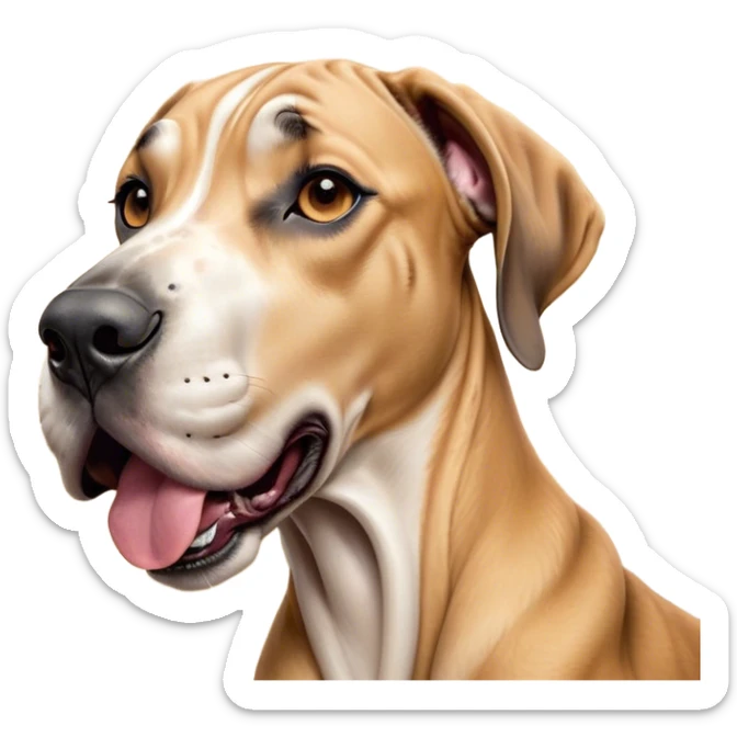 Cinematic Cute Yawning Fawn Great Dane Portrait Emoji, Head tilted slightly with a dramatic, wide-open yawn, revealing a smooth fawn Fur with a refined texture, floppy ears slightly drooping, round amber eyes barely open in drowsy contentment, Simplified yet irresistibly adorable features, highly detailed, glowing with a soft, cozy glow, high shine, relaxed yet expressive, stylized with a touch of whimsy, bright and endearing, soft glowing outline, capturing the essence of a sleepy yet affectionate guardian, so drowsy it feels like it could stretch out of the screen and curl up for a nap! sticker