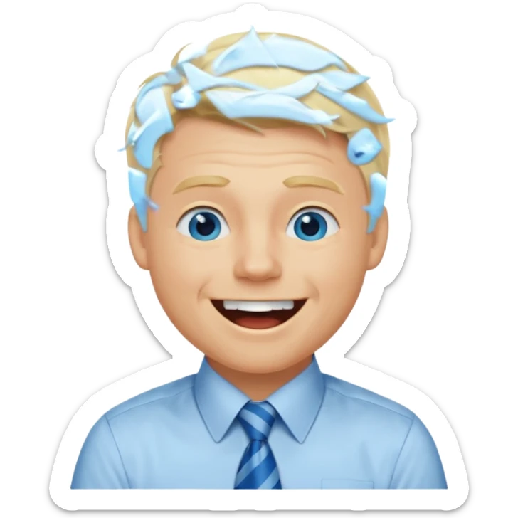 A guy with blonde hair and blue eyes that looks masculine. make him wear a shirt with a tie. he is danish. He is laughing extremely hard. More extreme expression sticker